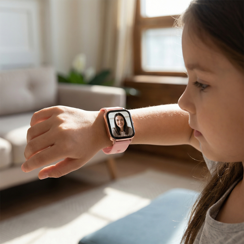 Dziewczynka patrząca na zegarek GPS Locon Luna na nadgarstku