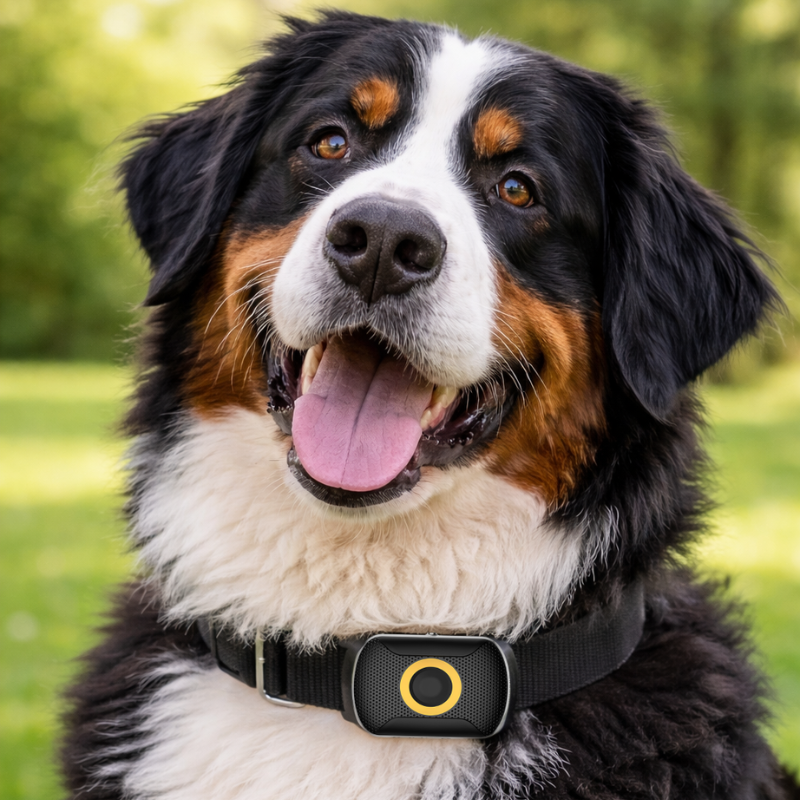 Pies z trackerem Locon Dog Path na obroży + zdjęcie urządzenia