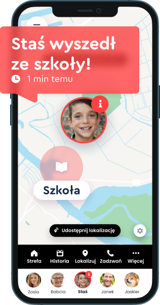 Powiadomienie: Staś wyszedł ze szkoły — mapa lokalizacji
