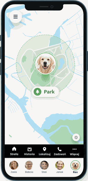 Lokalizacja psa Rex w strefie Park — pozycja na mapie w aplikacji Lokalizator Orange